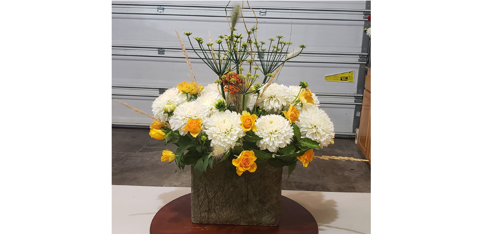 White Dahlia, Yellow Roses, Yellow Dill, Dried Grasses, Curly Willow, & Peach Cockscomb